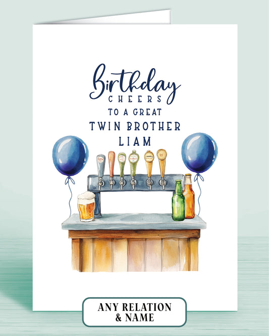 Twin Brother Birthday card with beer tap bar and blue balloons, front reads: Birthday cheers to a great Twin Brother [Name]