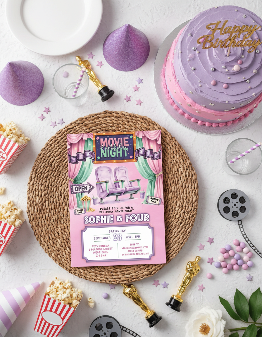 Pink movie night birthday party invitation for cinema themed birthday party with styled background for illustration purposes only.