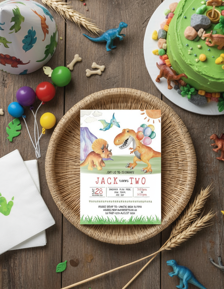 Dinosaur birthday party invitation for Dino themed birthday party with styled background for illustration purposes only.