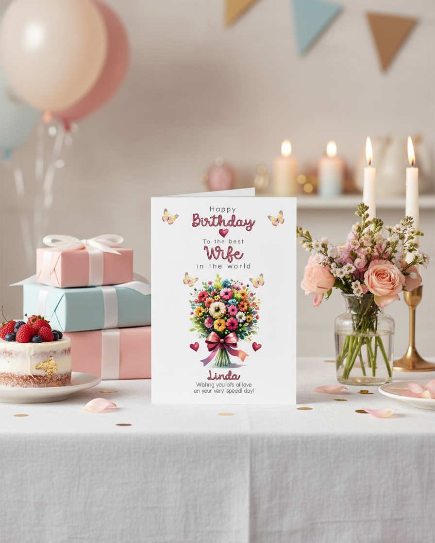 lifestyle image of Wife Birthday Card on a birthday themed background - AI Assisted Image