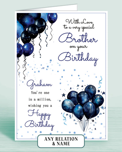 Brother Birthday Card, Personalised Blue Balloons Birthday Card for Him, Male Birthday Card  for Men | Oliver Rose Designs