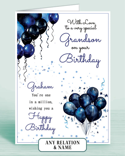 Grandson Birthday Card, Personalised Blue Balloons Birthday Card for Him, Male Birthday Card  for Men | Oliver Rose Designs