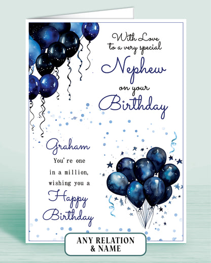 Nephew Birthday Card, Personalised Blue Balloons Birthday Card for Him, Male Birthday Card  for Men | Oliver Rose Designs