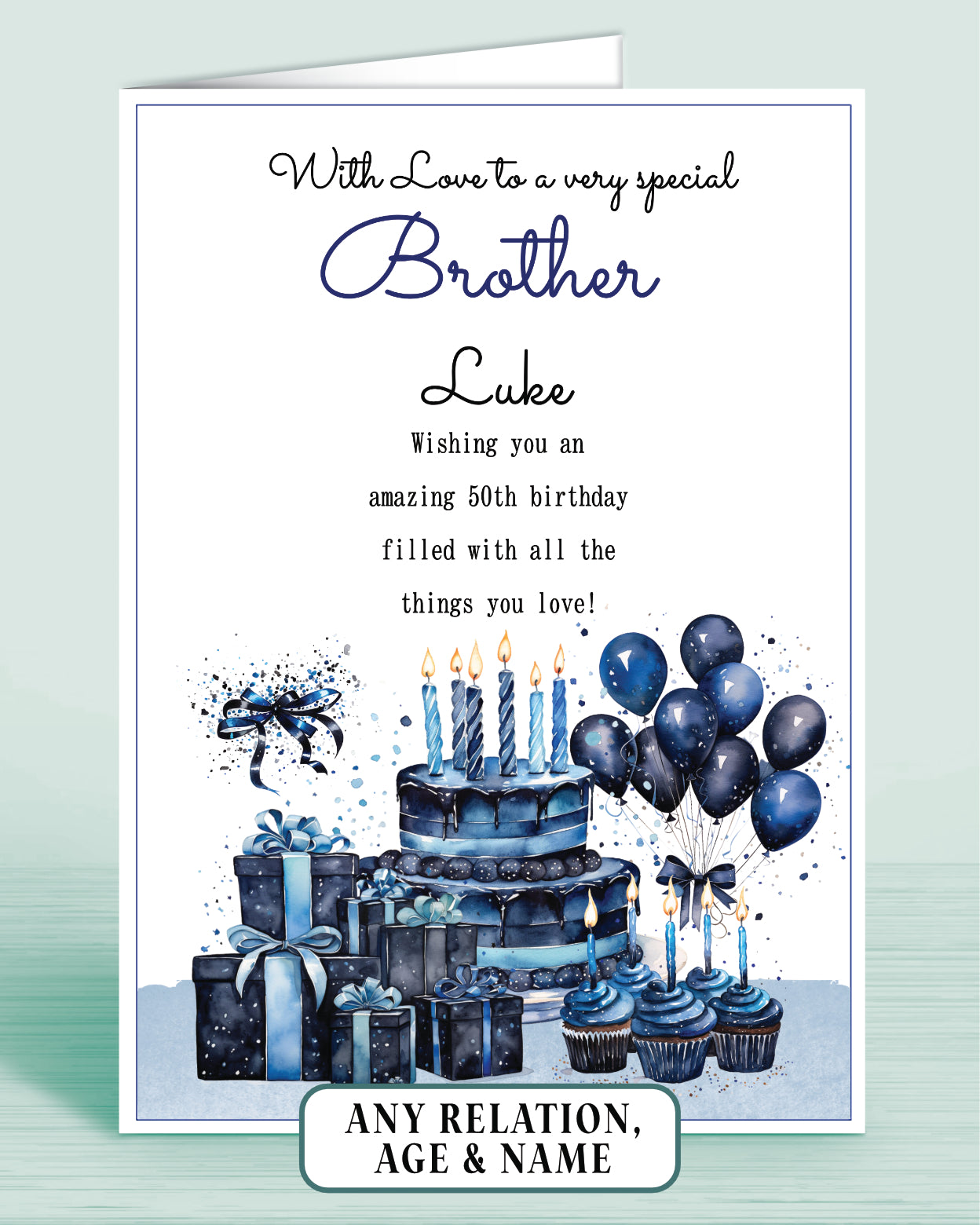 Brother Birthday Card for Him, 50th Birthday Card for Male, Mens Personalised Blue Birthday Card | Oliver Rose Designs