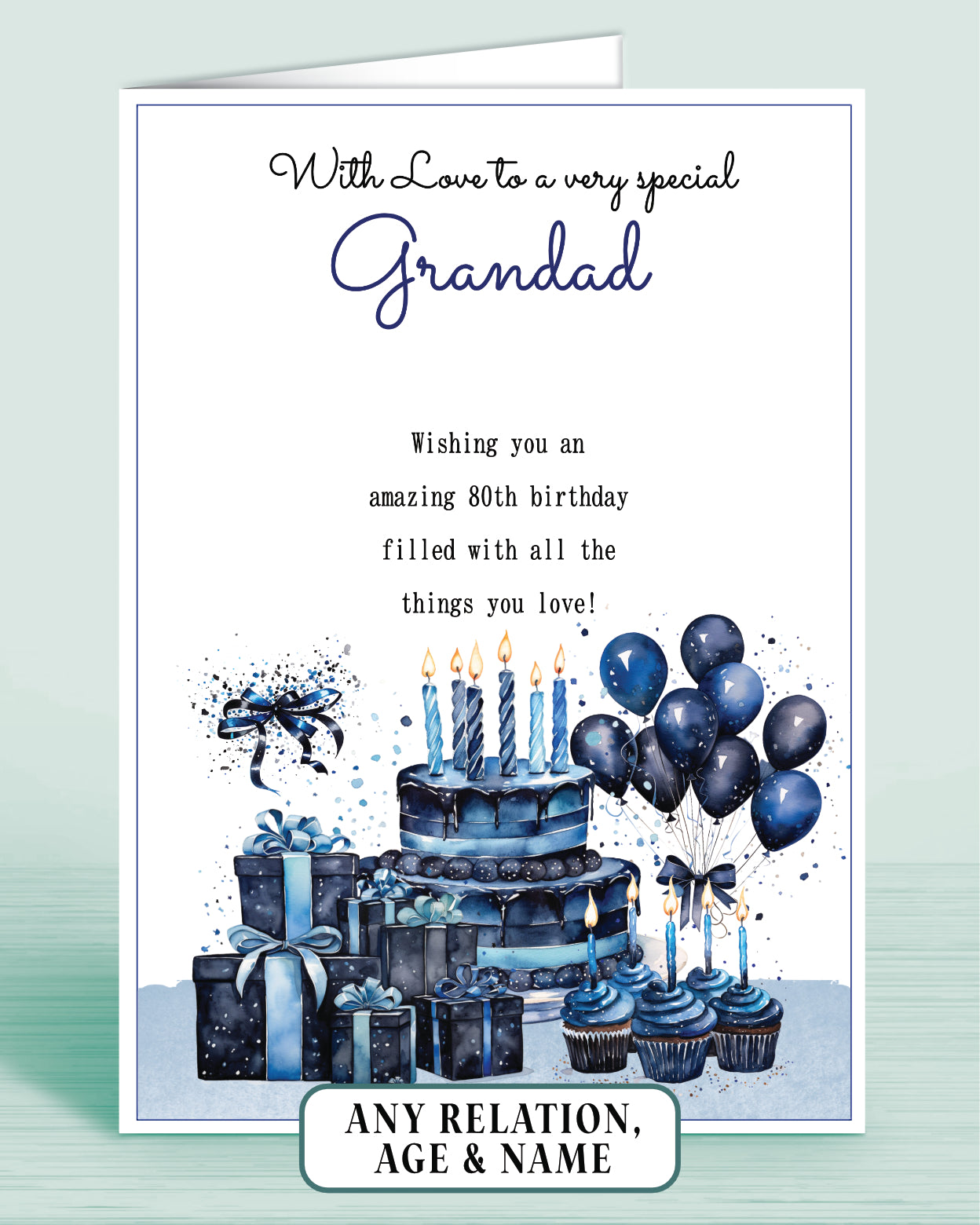 Grandad Birthday Card for Him, 80th Birthday Card for Male, Mens Personalised Blue Birthday Card | Oliver Rose Designs