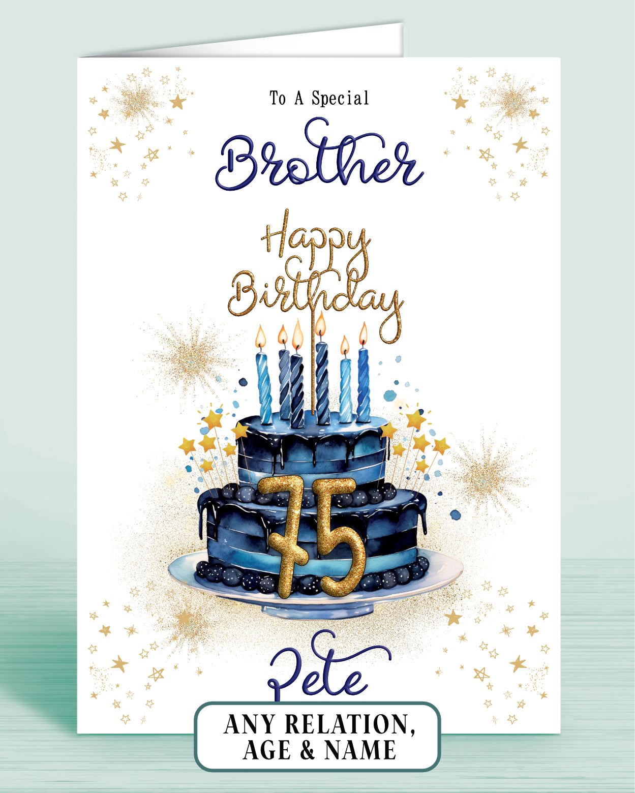 Brother Birthday Card for Him, 75th Birthday Card for Male, Mens Personalised Blue Birthday Card | Oliver Rose Designs