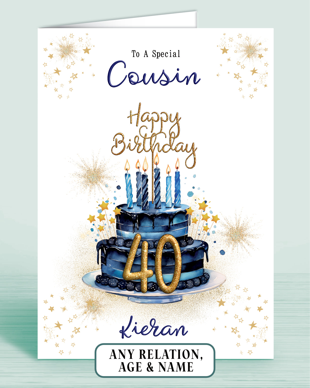 Cousin Birthday Card for Him, 40th Birthday Card for Male, Mens Personalised Blue Birthday Card | Oliver Rose Designs