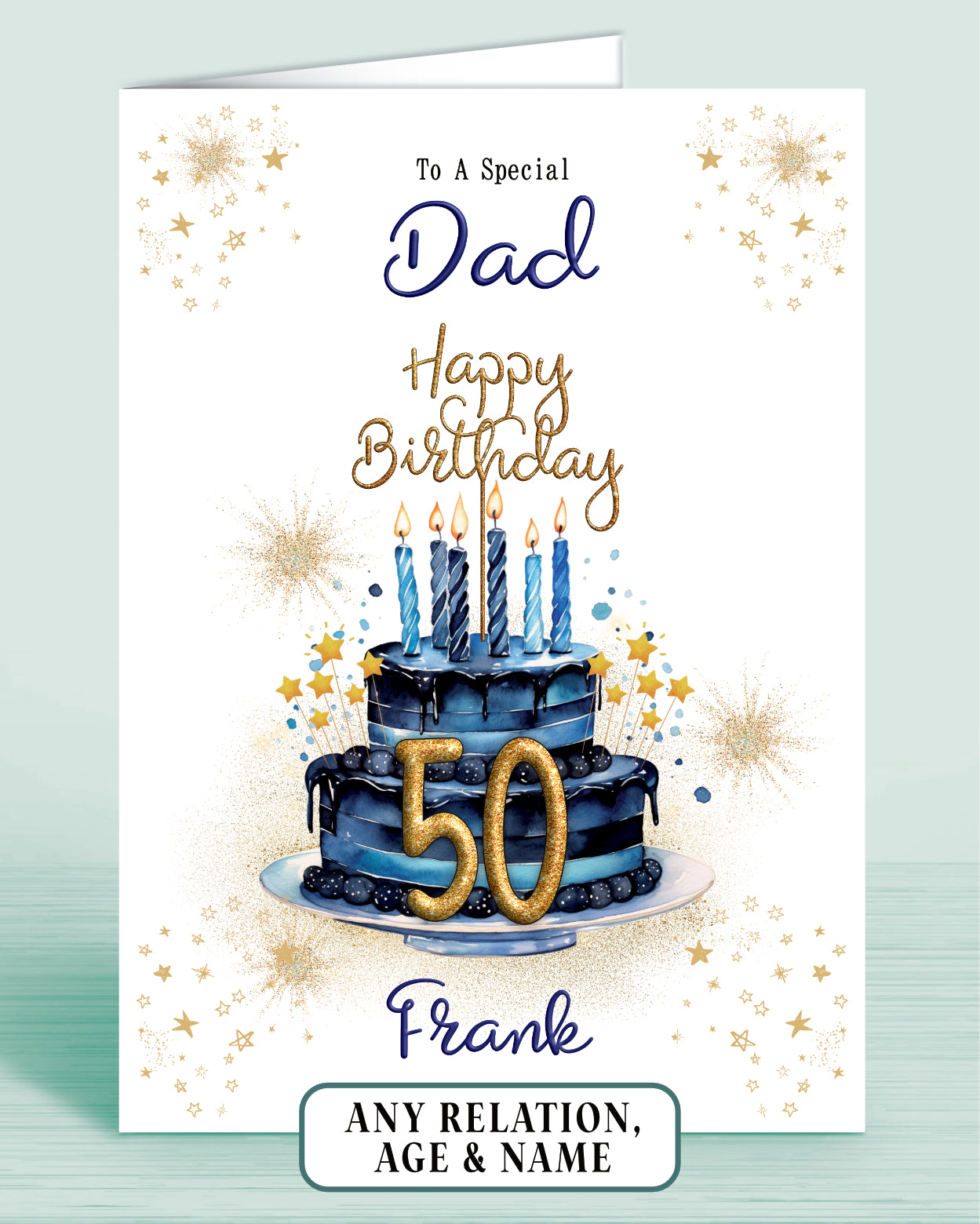 Dad Birthday Card for Him, 50th Birthday Card for Male, Mens Personalised Blue Birthday Card | Oliver Rose Designs