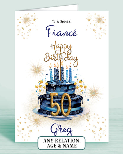 Fiance Birthday Card for Him, 50th Birthday Card for Male, Mens Personalised Blue Birthday Card | Oliver Rose Designs