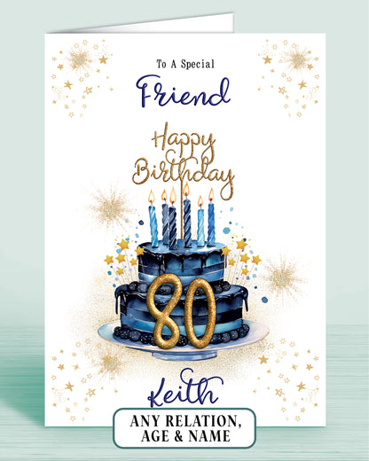 Friend Birthday Card for Him, 80th Birthday Card for Male, Mens Personalised Blue Birthday Card | Oliver Rose Designs