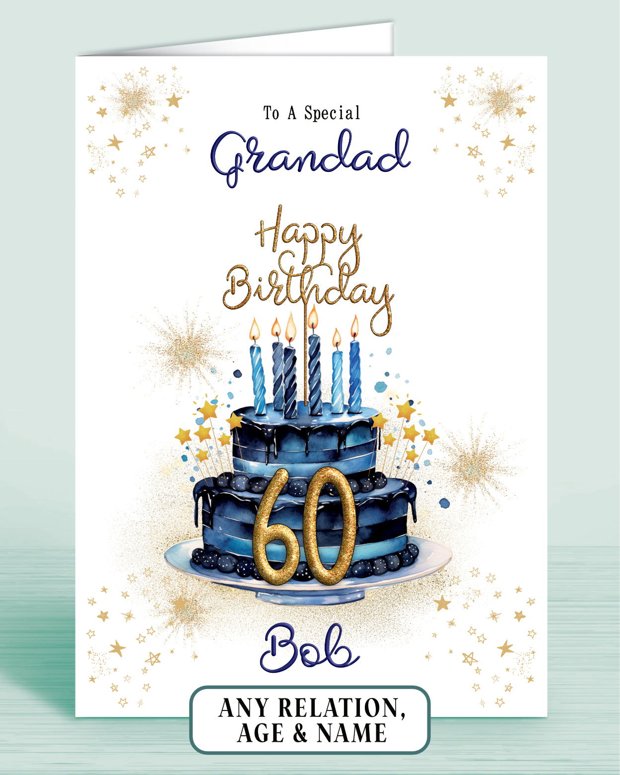 Grandad Birthday Card for Him, 60th Birthday Card for Male, Mens Personalised Blue Birthday Card | Oliver Rose Designs