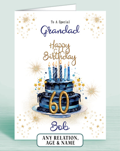 Grandad Birthday Card for Him, 60th Birthday Card for Male, Mens Personalised Blue Birthday Card | Oliver Rose Designs