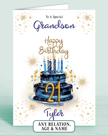 Grandson Birthday Card for Him, 21st Birthday Card for Male, Mens Personalised Blue Birthday Card | Oliver Rose Designs