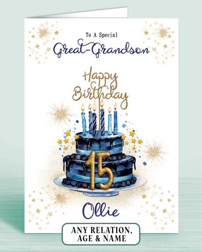 Great-Grandson Birthday Card for Him, 15th Birthday Card for Male, Mens Personalised Blue Birthday Card | Oliver Rose Designs
