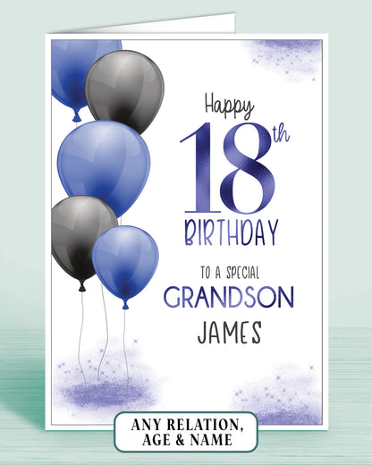 A Blue Birthday Card with Blue & Black Balloons and the words: Happy 18th Birthday, To a Special Grandson and add a name if required | Oliver Rose Designs