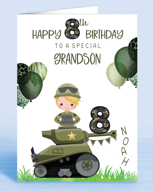 Boys Army Tank Personalised Birthday Card | Blonde Hair | Any Age (Age 8th) | Any Relation (TO A SPECIAL GRANDSON) | Oliver Rose Designs