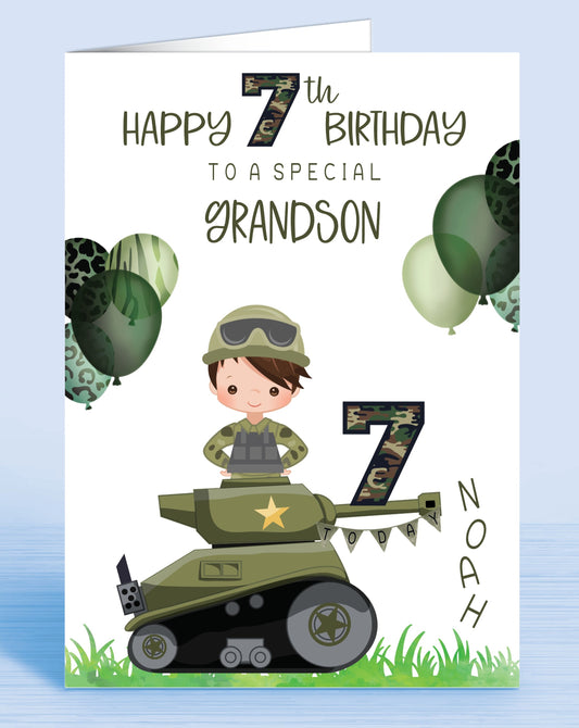 Boys Army Tank Camo Personalised Birthday Card | Brown Hair | Any Age (Age 7th) | Any Relation (TO A SPECIAL GRANDSON) | Oliver Rose Designs