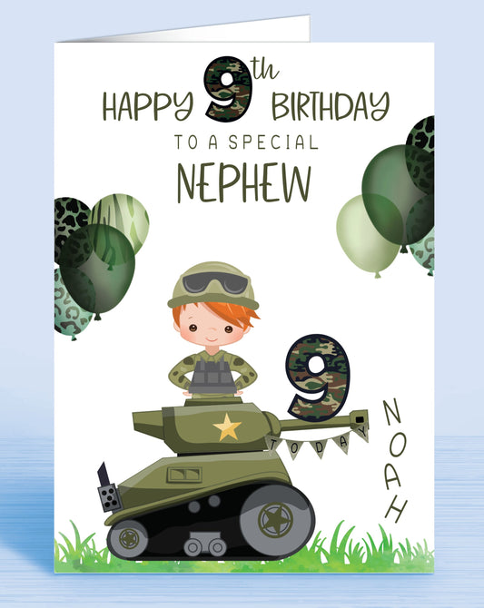 Boys Army Tank Camo Personalised Birthday Card | Red Ginger Hair | Any Age (Age 9th) | Any Relation (TO A SPECIAL NEPHEW) | Oliver Rose Designs