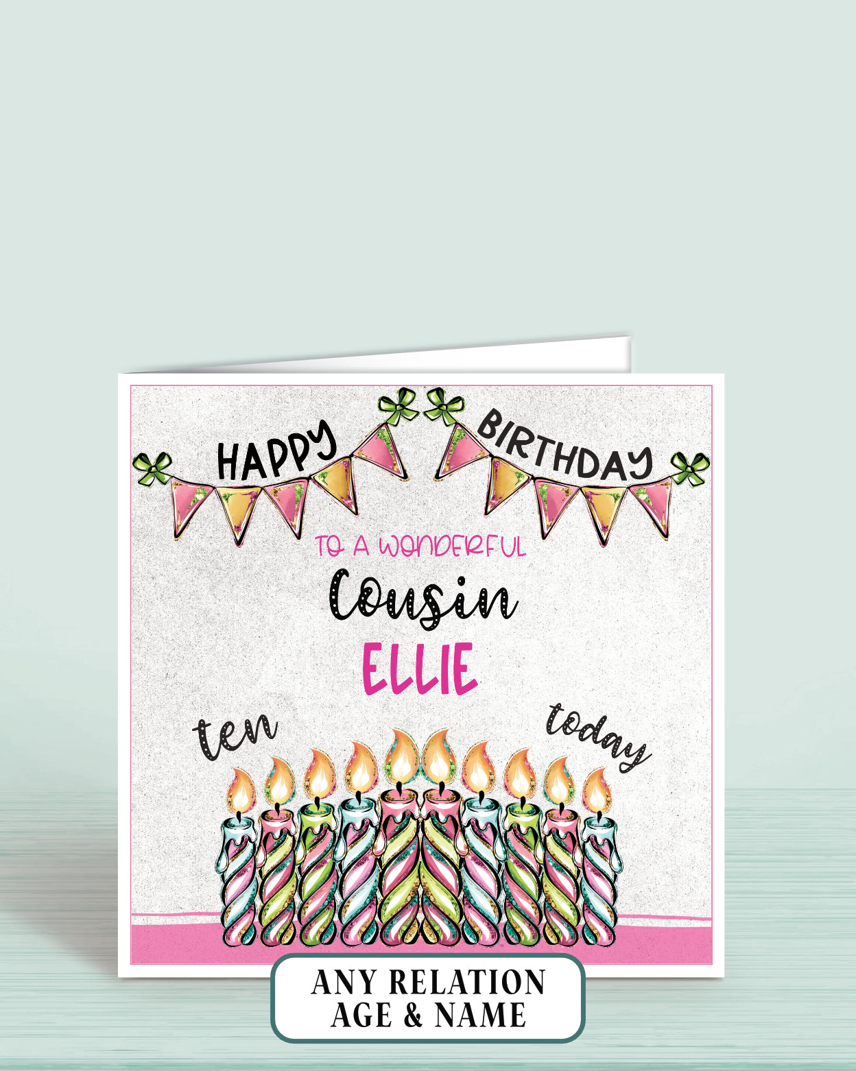 Cousin Birthday Card, 10th Birthday Card for Cousin, Pink, Green & Blue Candles, Happy Birthday, Seven Today | Oliver Rose Designs