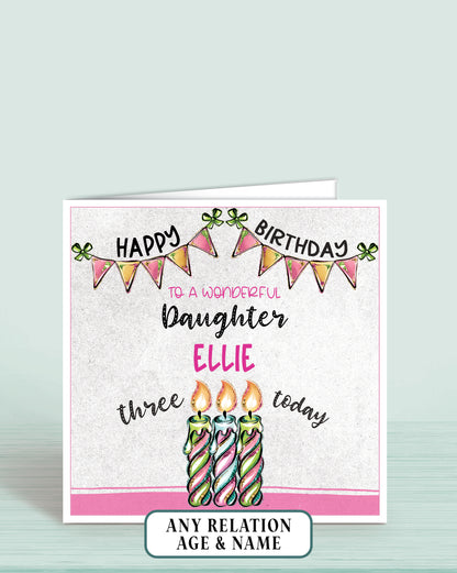 Daughter Birthday Card, 3rd Birthday Card for Daughter, Pink, Green & Blue Candles, Happy Birthday, Seven Today | Oliver Rose Designs