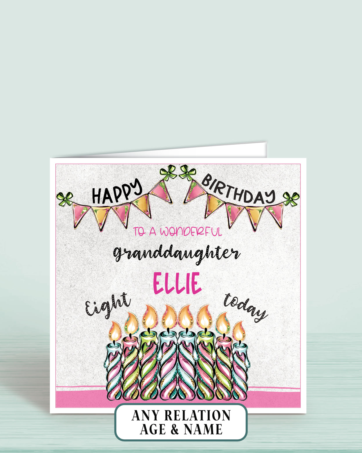 Granddaughter Birthday Card, 8th Birthday Card for Granddaughter, Pink, Green & Blue Candles, Happy Birthday, Seven Today | Oliver Rose Designs