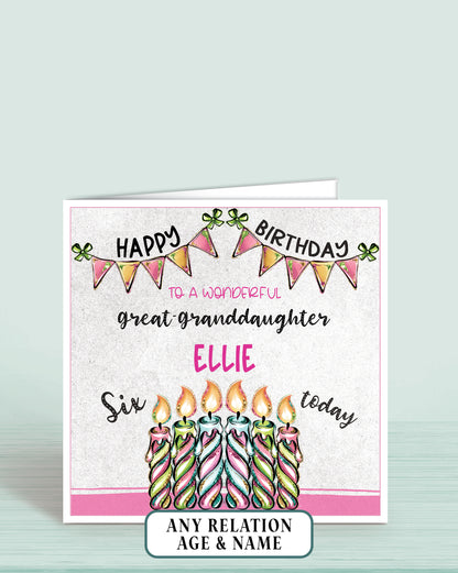 Great-Granddaughter Birthday Card, 6th Birthday Card for Great-Granddaughter, Pink, Green & Blue Candles, Happy Birthday, Seven Today | Oliver Rose Designs