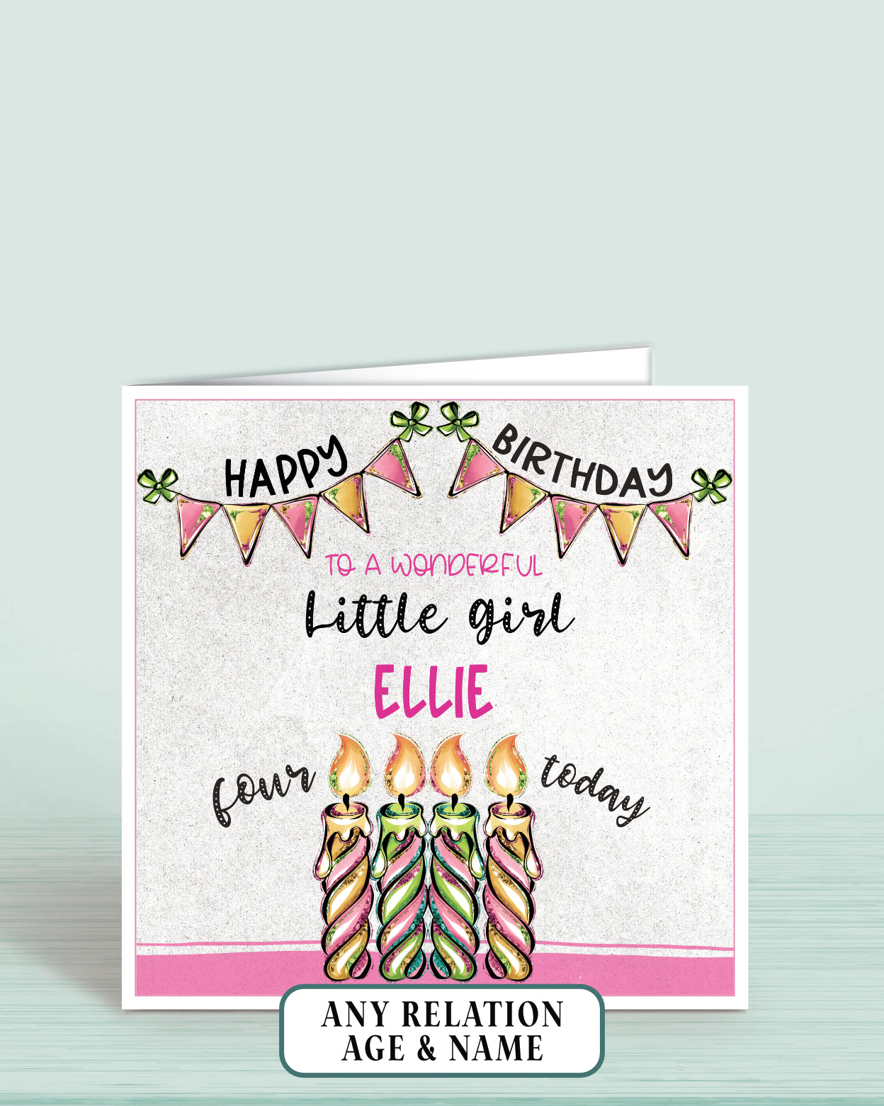 Little Girl Birthday Card, 4th Birthday Card for Little Girl, Pink, Green & Blue Candles, Happy Birthday, Seven Today | Oliver Rose Designs