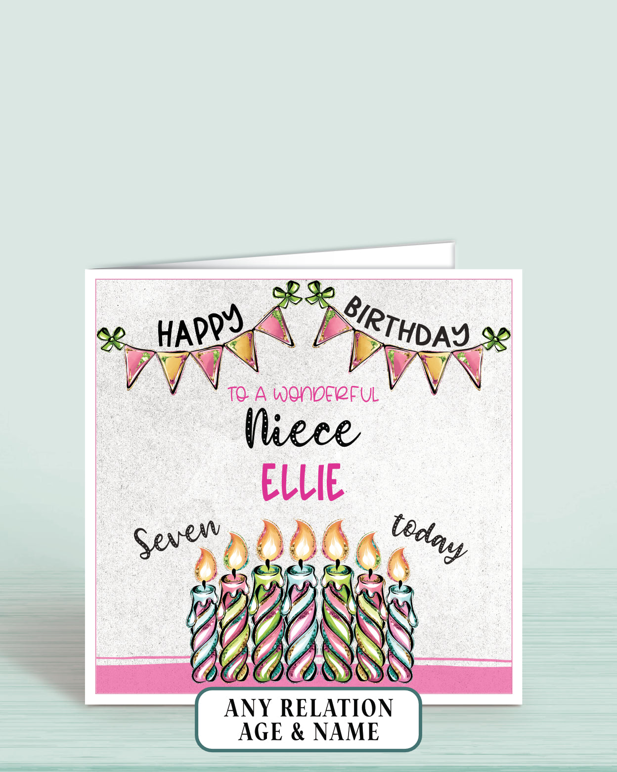 Niece Birthday Card, 7th Birthday Card for Niece, Pink, Green & Blue Candles, Happy Birthday, Seven Today | Oliver Rose Designs