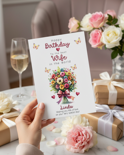 lifestyle image of a hand holding a Wife Birthday Card with a birthday themed background - AI Assisted Image