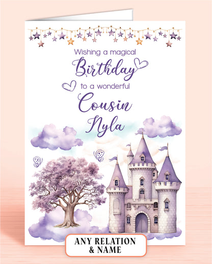 Cousin Birthday Card, Personalised Birthday Card for Girls, Purple Princess Castle, Any Relation, add a Name to Personalise! | Oliver Rose Designs