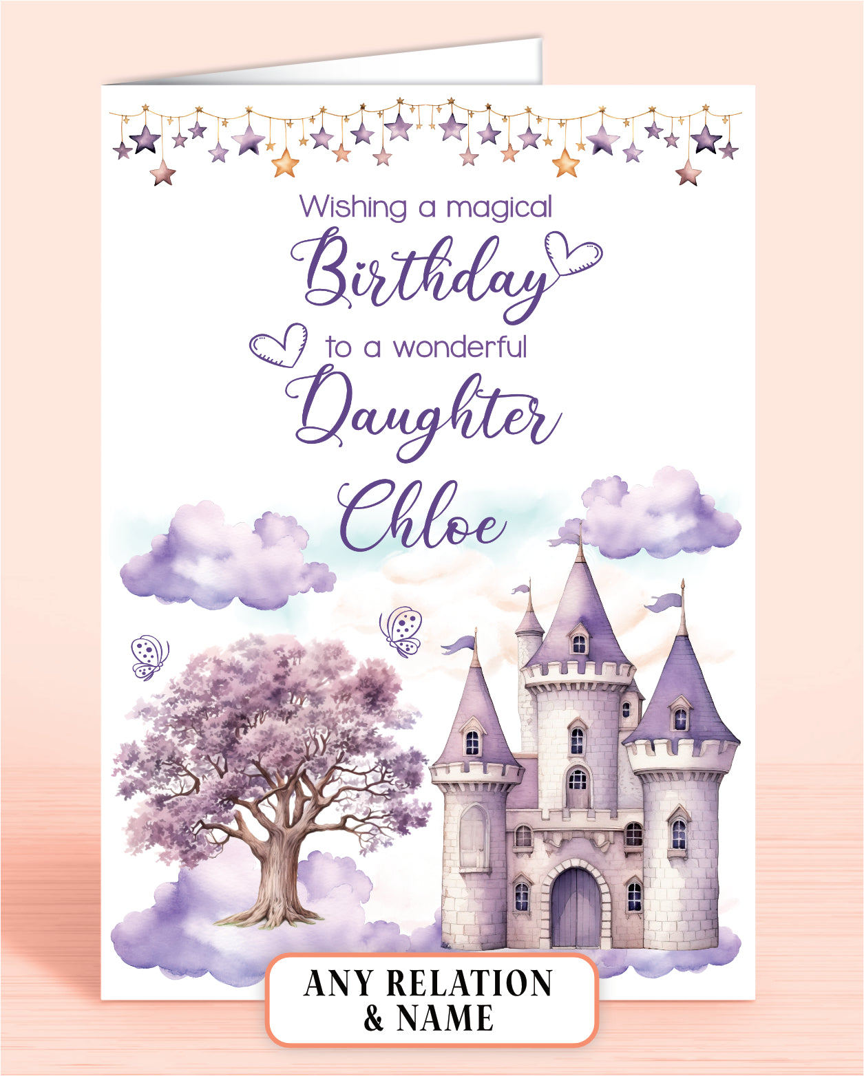 Daughter Birthday Card, Personalised Birthday Card for Girls, Purple Princess Castle, Any Relation, add a Name to Personalise! | Oliver Rose Designs
