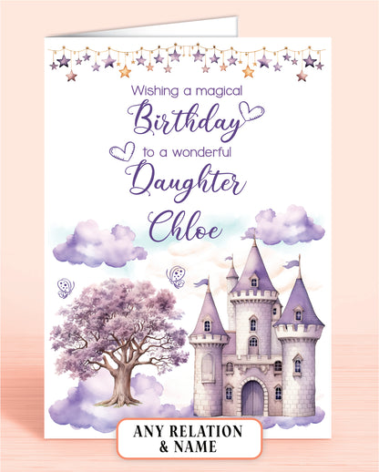 Daughter Birthday Card, Personalised Birthday Card for Girls, Purple Princess Castle, Any Relation, add a Name to Personalise! | Oliver Rose Designs