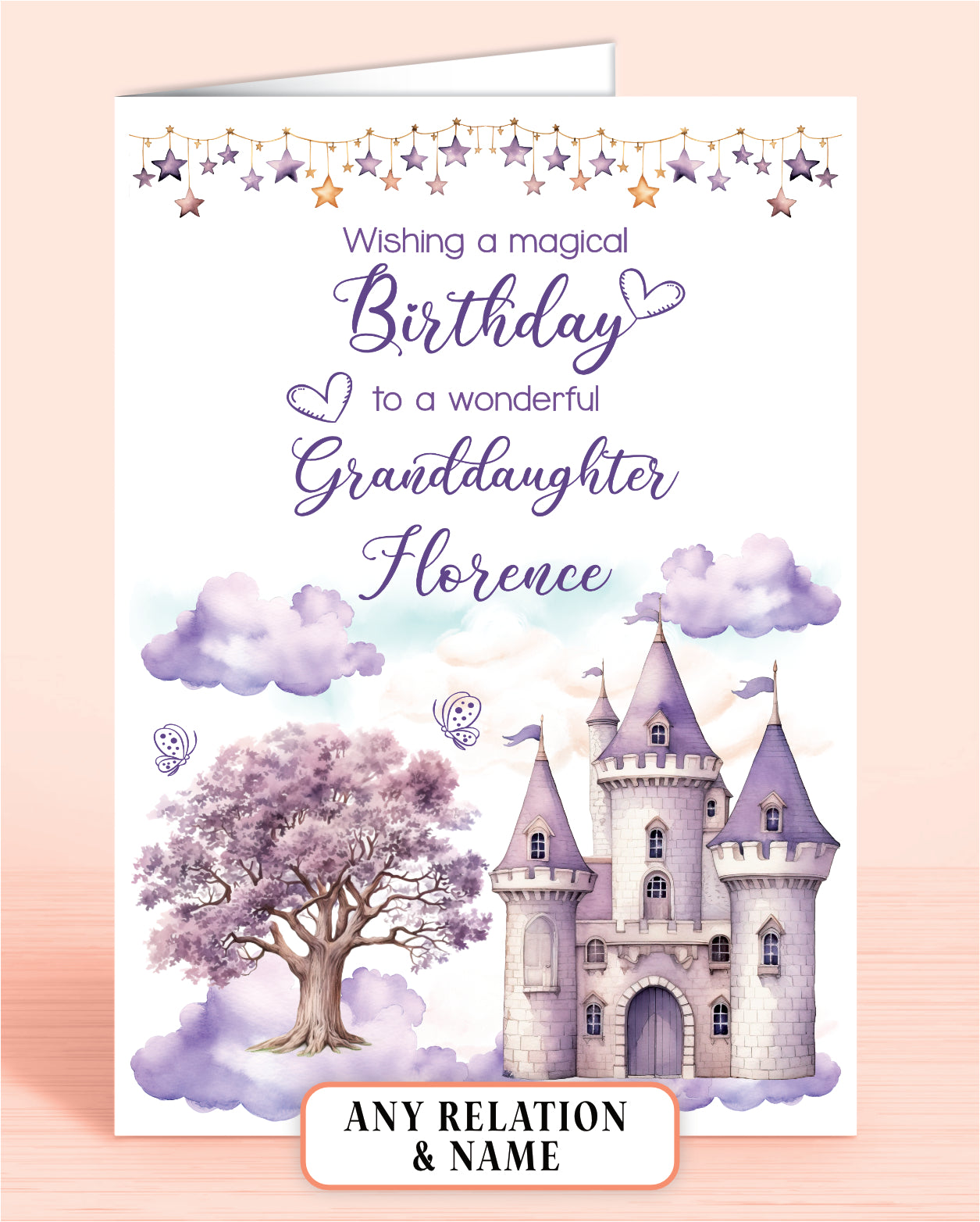 Granddaughter Birthday Card, Personalised Birthday Card for Girls, Purple Princess Castle, Any Relation, add a Name to Personalise! | Oliver Rose Designs