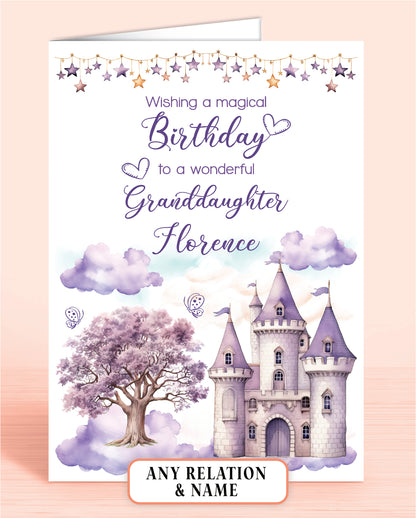 Granddaughter Birthday Card, Personalised Birthday Card for Girls, Purple Princess Castle, Any Relation, add a Name to Personalise! | Oliver Rose Designs