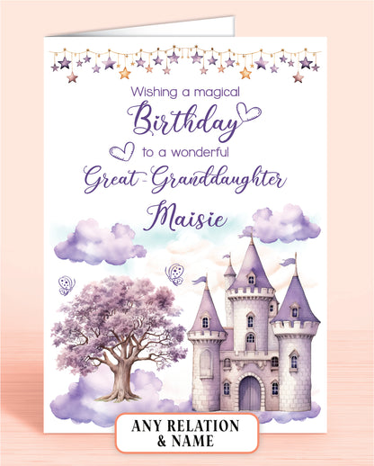 Great-Granddaughter Birthday Card, Personalised Birthday Card for Girls, Purple Princess Castle, Any Relation, add a Name to Personalise! | Oliver Rose Designs