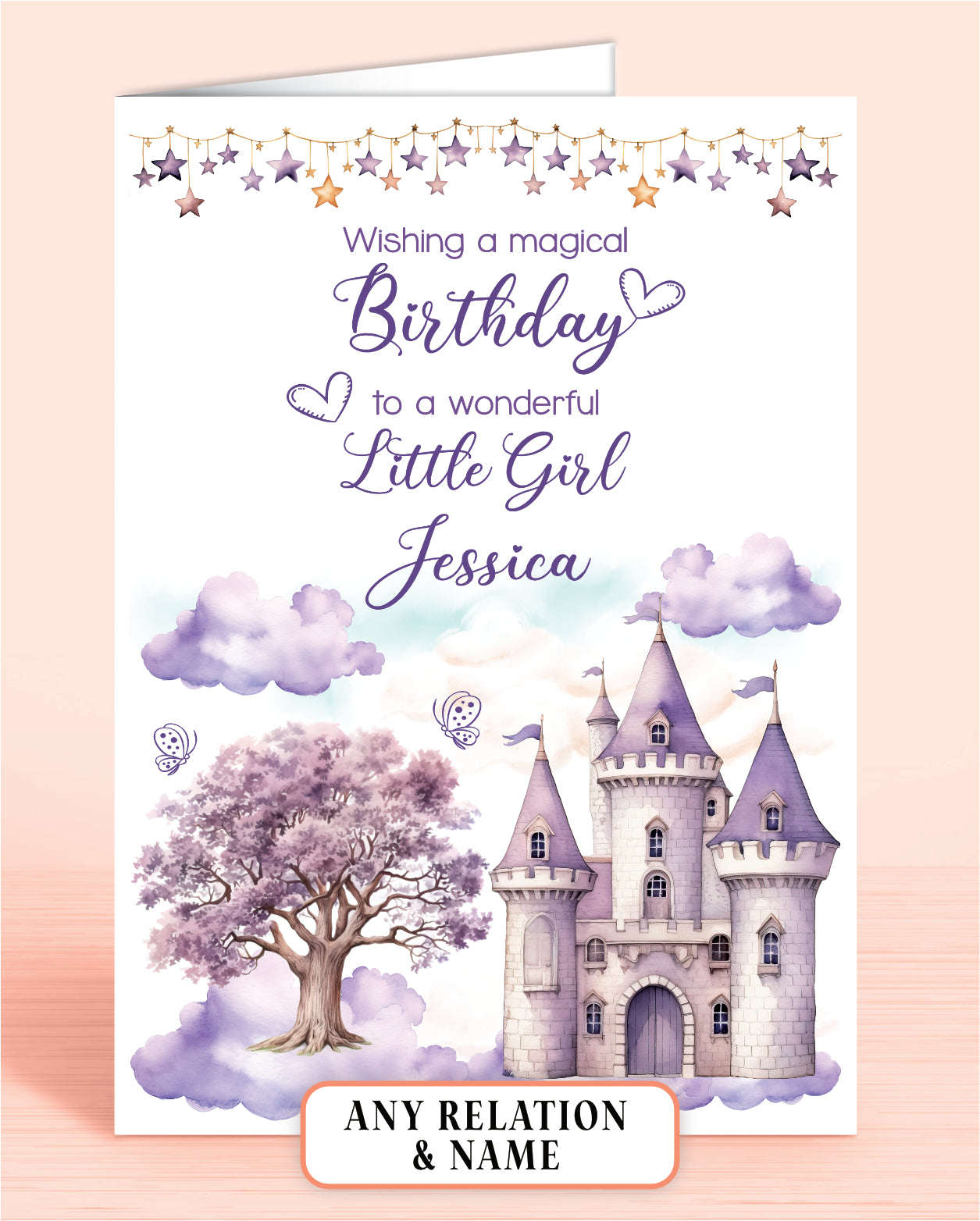 Little Girl Birthday Card, Personalised Birthday Card for Girls, Purple Princess Castle, Any Relation, add a Name to Personalise! | Oliver Rose Designs