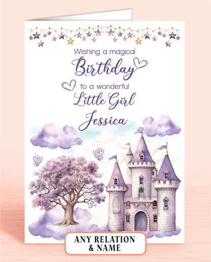 Little Girl Birthday Card, Personalised Birthday Card for Girls, Purple Princess Castle, Any Relation, add a Name to Personalise! | Oliver Rose Designs