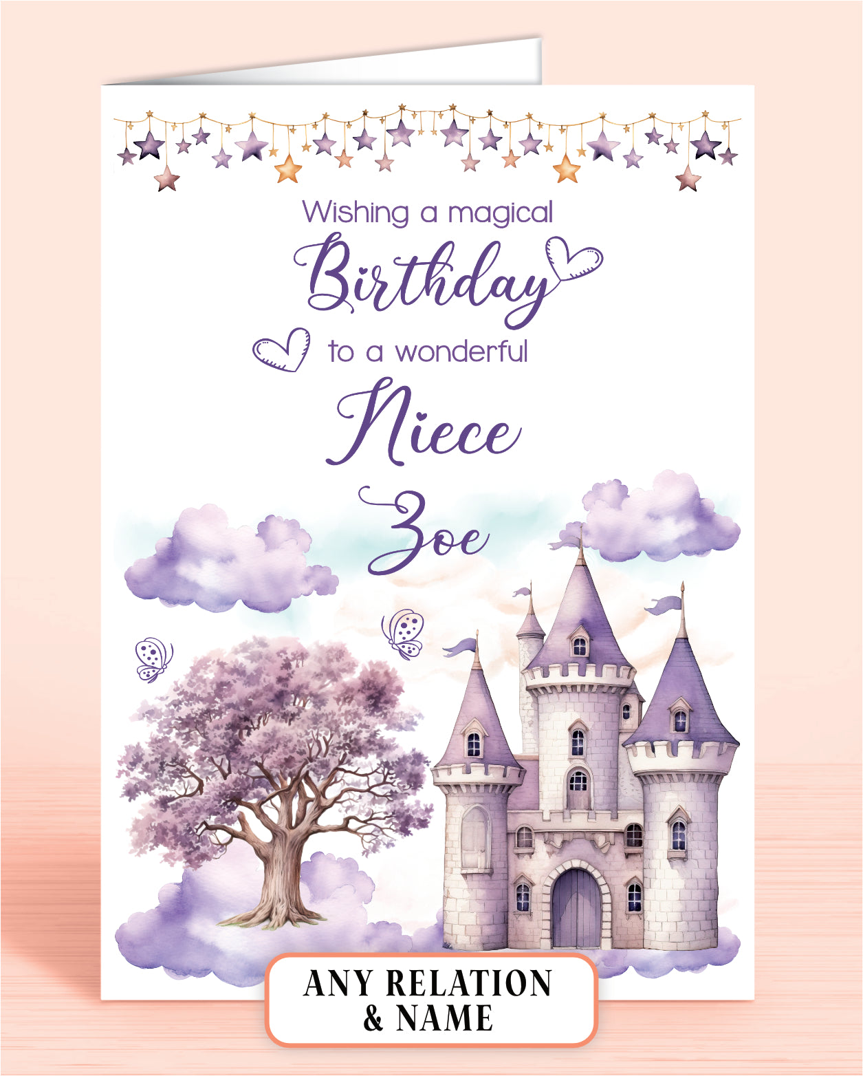 Niece Birthday Card, Personalised Birthday Card for Girls, Purple Princess Castle, Any Relation, add a Name to Personalise! | Oliver Rose Designs