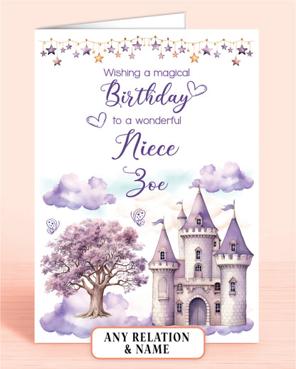 Niece Birthday Card, Personalised Birthday Card for Girls, Purple Princess Castle, Any Relation, add a Name to Personalise! | Oliver Rose Designs