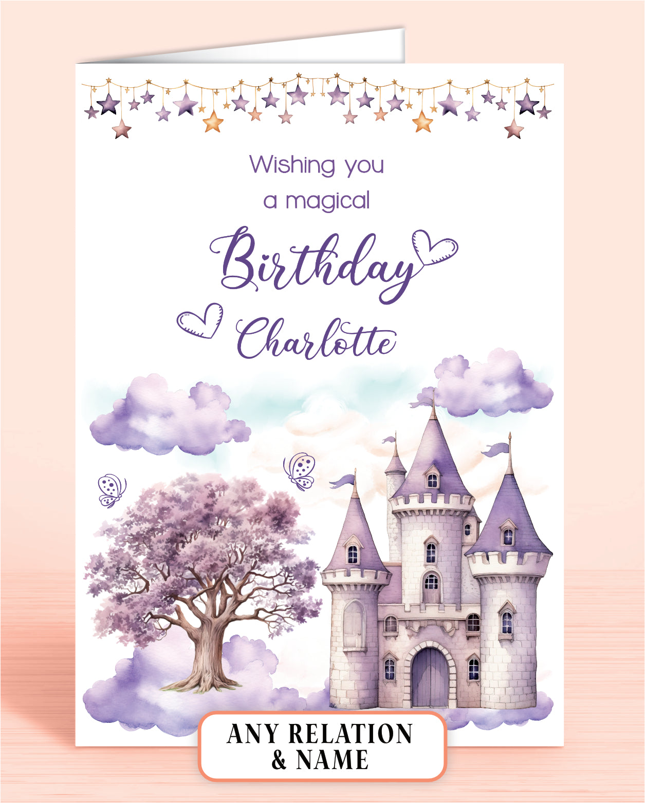 Personalised Birthday Card for Girls, Purple Princess Castle, Any Relation, add a Name to Personalise! | Oliver Rose Designs