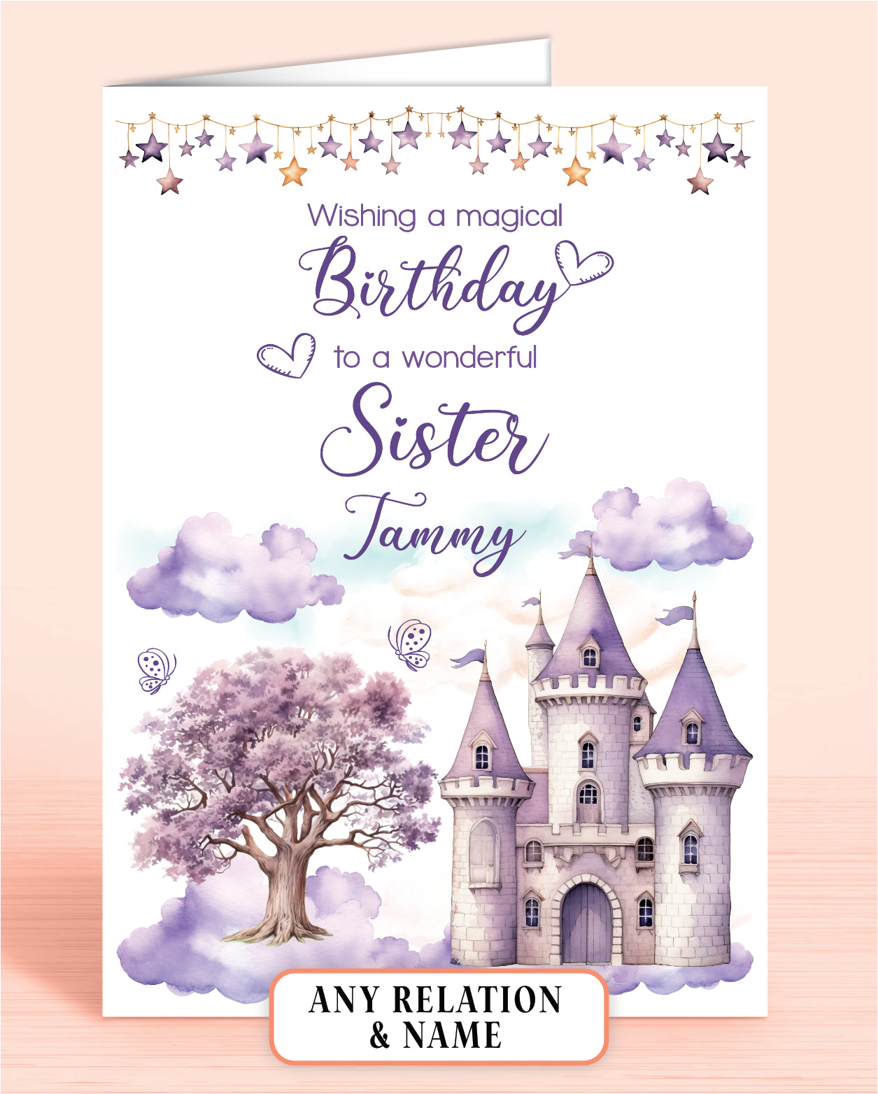 Sister Birthday Card, Personalised Birthday Card for Girls, Purple Princess Castle, Any Relation, add a Name to Personalise! | Oliver Rose Designs