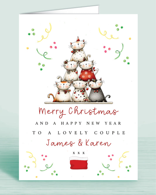 A christmas card for any relation or couple with a christmas tree shaped Cat tower and text that reads: Merry Christmas and a happy new year to a lovely couple James & Karen xxx - Names are customisable.