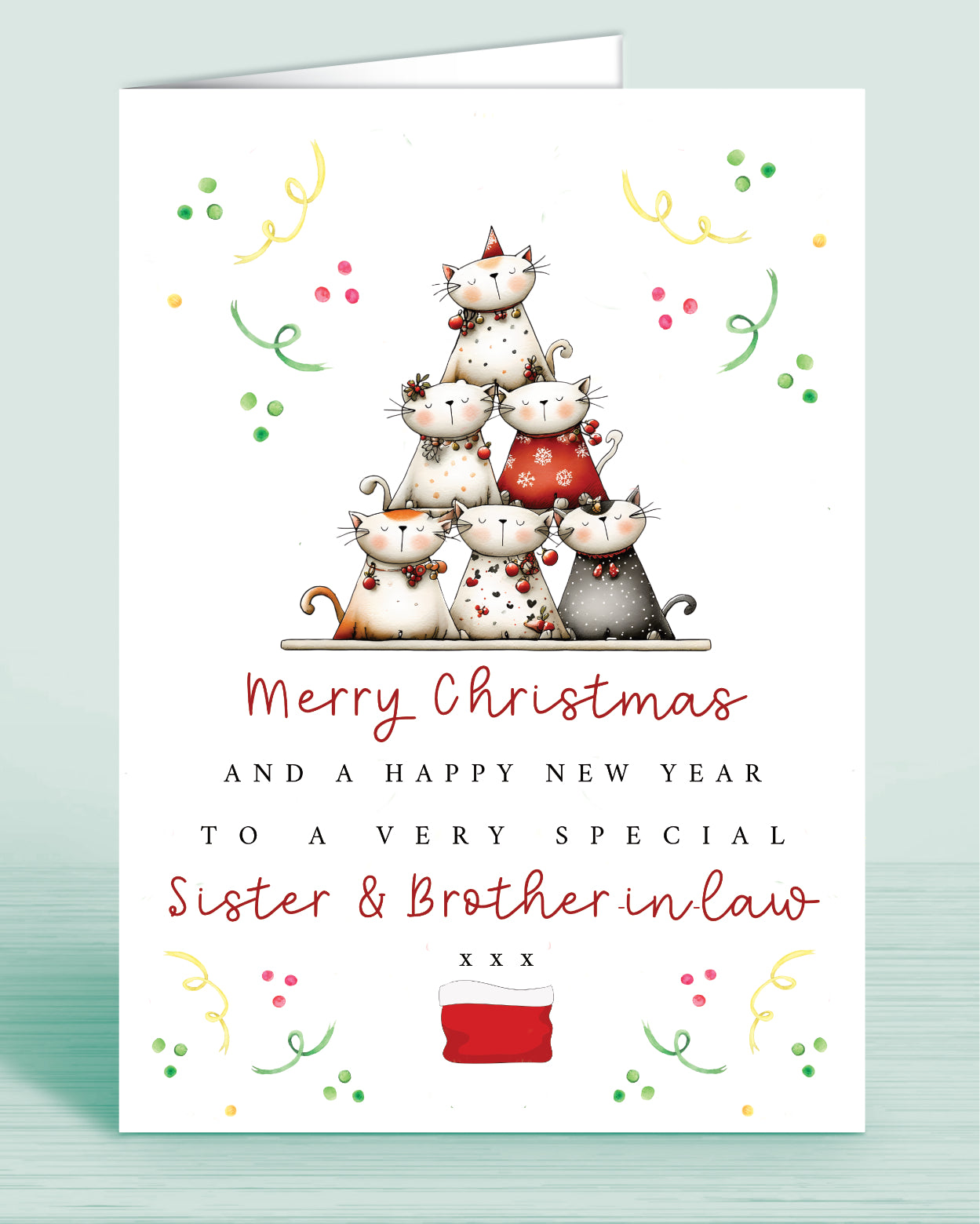 A christmas card for Sister & Brother-in-law with a christmas tree shaped Cat tower and text that reads: Merry Christmas and a happy new year to a very special Sister & Brother-in-law. Names optional