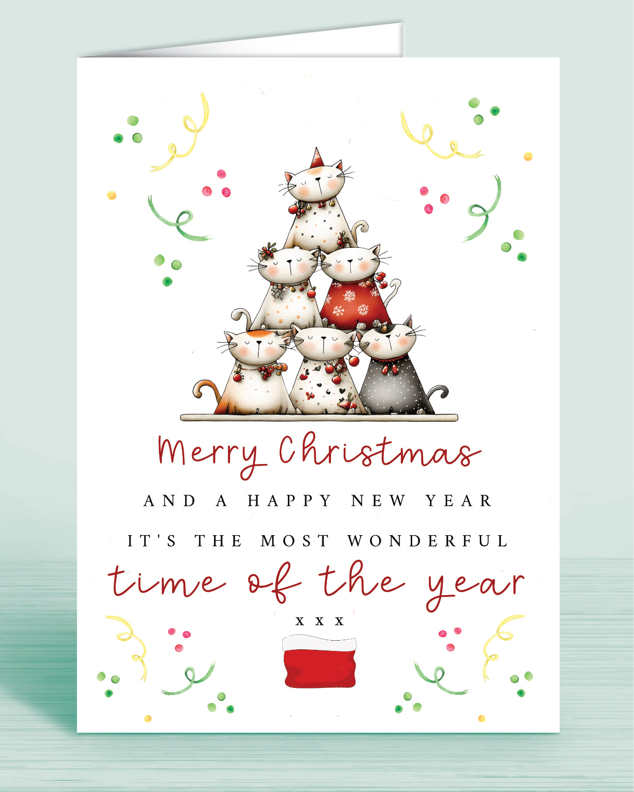 A christmas card for any couple or family member with a christmas tree shaped Cat tower and text that reads: Merry Christmas and a happy new It's the most wonderful time of the year. Names optional