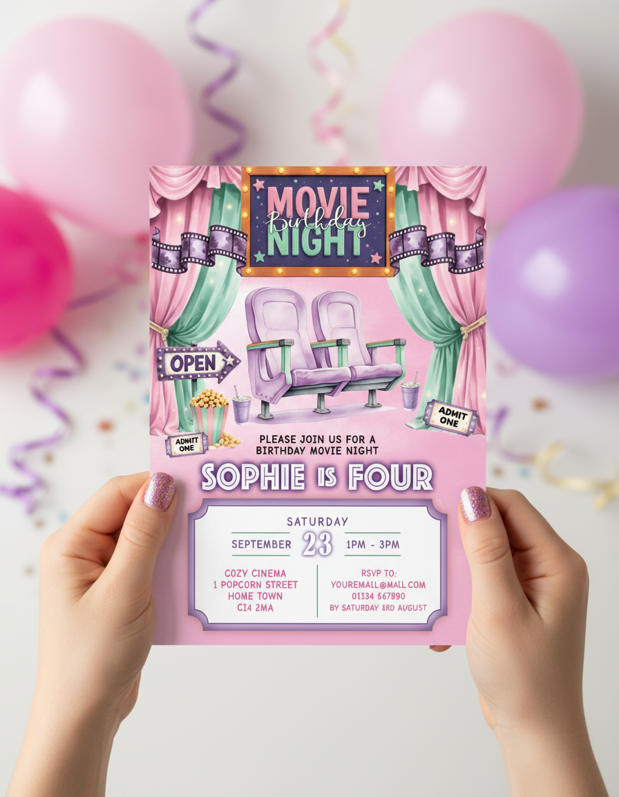 Child holding pink movie night birthday party invitation for cinema themed birthday party with styled background for illustration purposes only.
