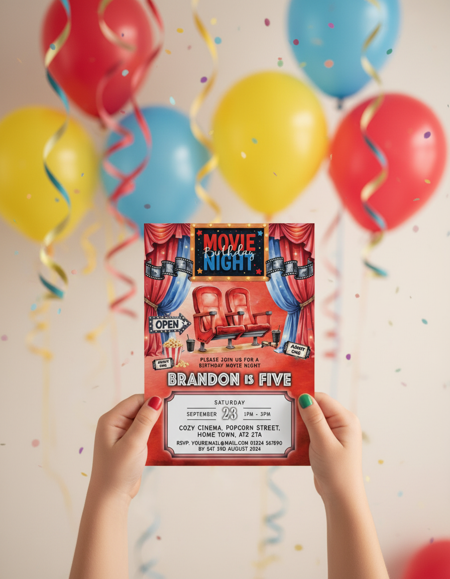 Child holding Red movie night birthday party invitation for cinema themed birthday party with styled background for illustration purposes only.