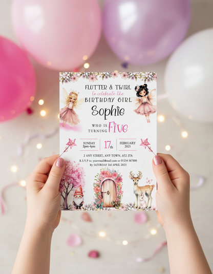 Child holding Fairies birthday party invitation for Fairy themed birthday party with styled background for illustration purposes only.