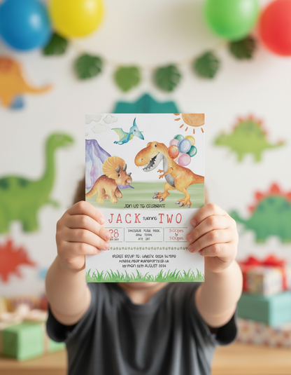 Child holding Dinosaur birthday party invitation for Dino themed birthday party with styled background for illustration purposes only.