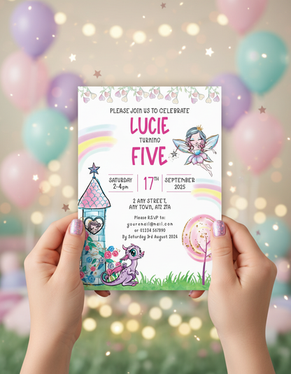Child holding Fairies birthday party invitation for Fairy themed birthday party with styled background for illustration purposes only.