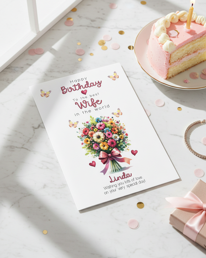 lifestyle image of Wife Birthday Card on a birthday themed background - AI Assisted Image